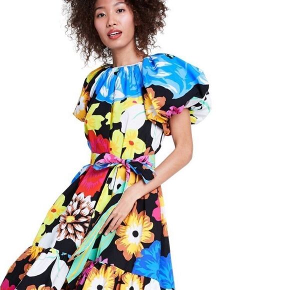 Christopher John Rogers Dress Womens small Black Blue Puff Sleeve Floral Target - Picture 4 of 14